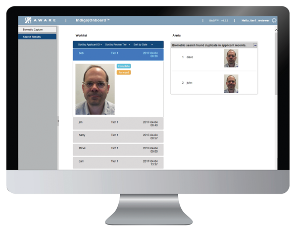 Worklist display, with alert showing duplicate record found; potential fraud or error