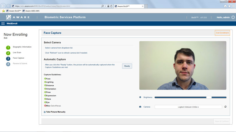 Biometric enrollment in a browser application - face