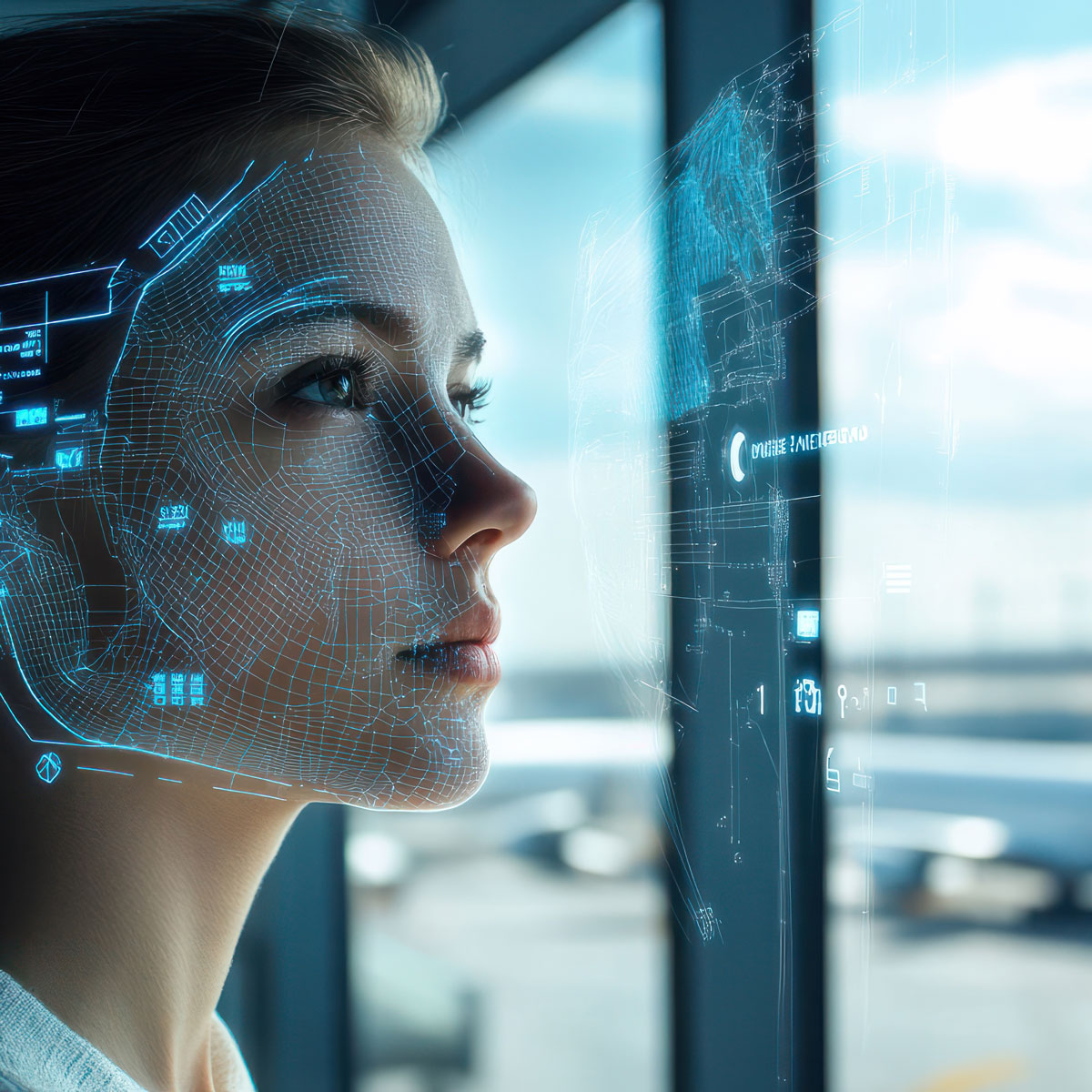 Woman looking out window at airport